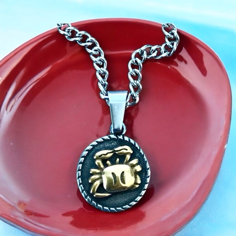 🆕 Cancer Rustic Coin Pendant Necklace Stainless Steel